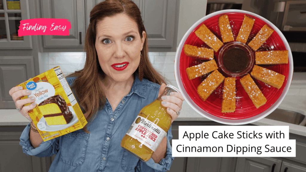 apple cake sticks served with cinnamon dipping sauce on a plate