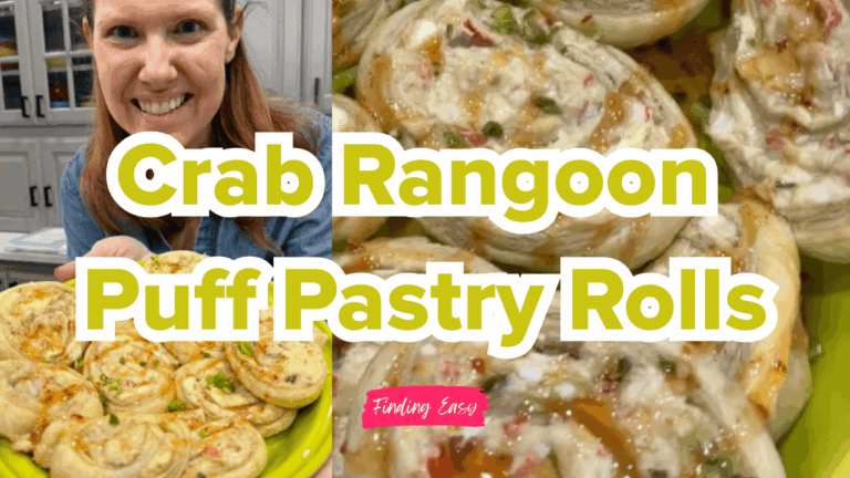 Woman holding baked crab rangoon puff pastry rolls topped with sweet Thai chili sauce and green onions with text overlay reading Crab Rangoon Puff Pastry Rolls.