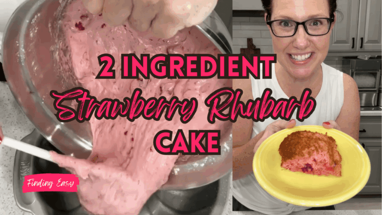 Light fluffy angel food cake made with strawberry rhubarb pie filling baked in bundt pan.