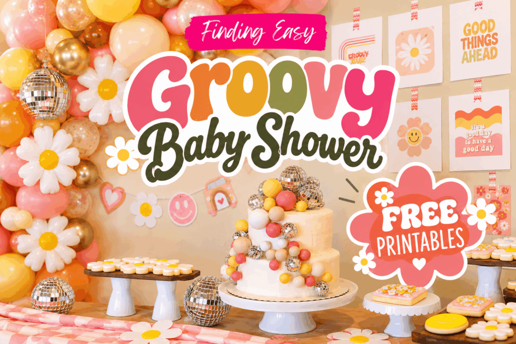 Groovy baby shower ideas with colorful balloon garland, disco ball cake, retro decorations and free printables
