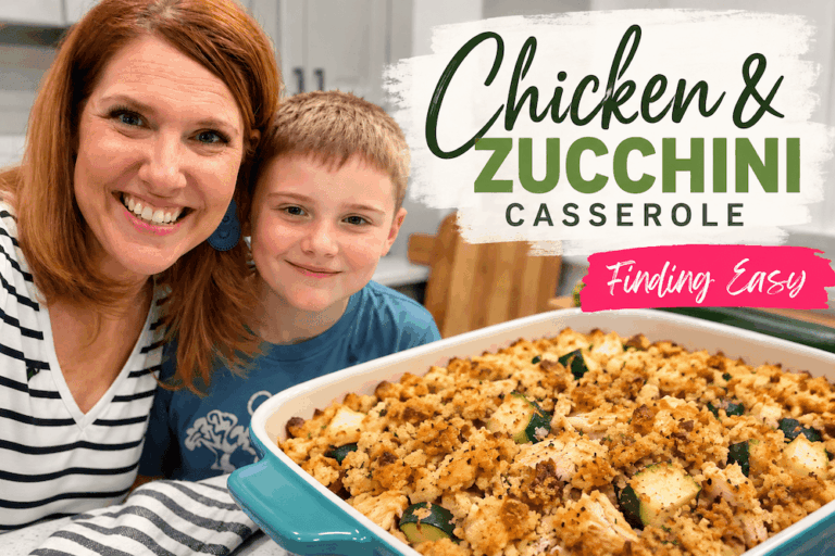 Easy Chicken & Zucchini Casserole made with rotisserie chicken, zucchini, stuffing, and a creamy sauce.