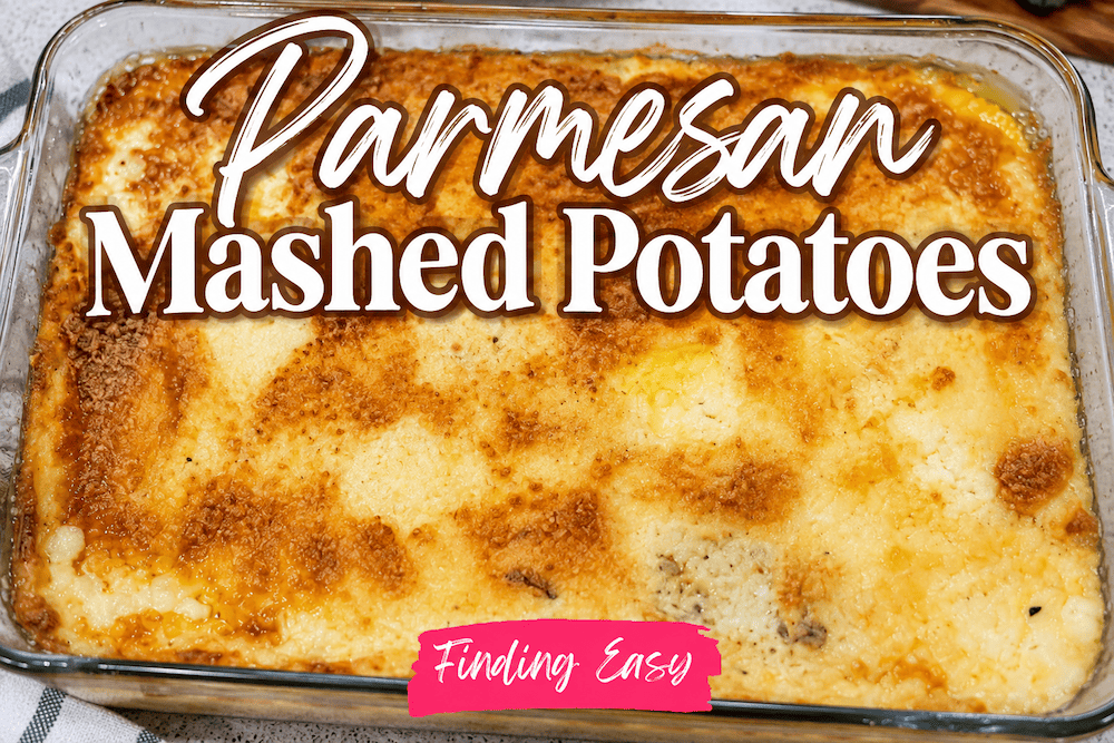 Baked Parmesan mashed potatoes topped with golden Parmesan cheese in a casserole dish