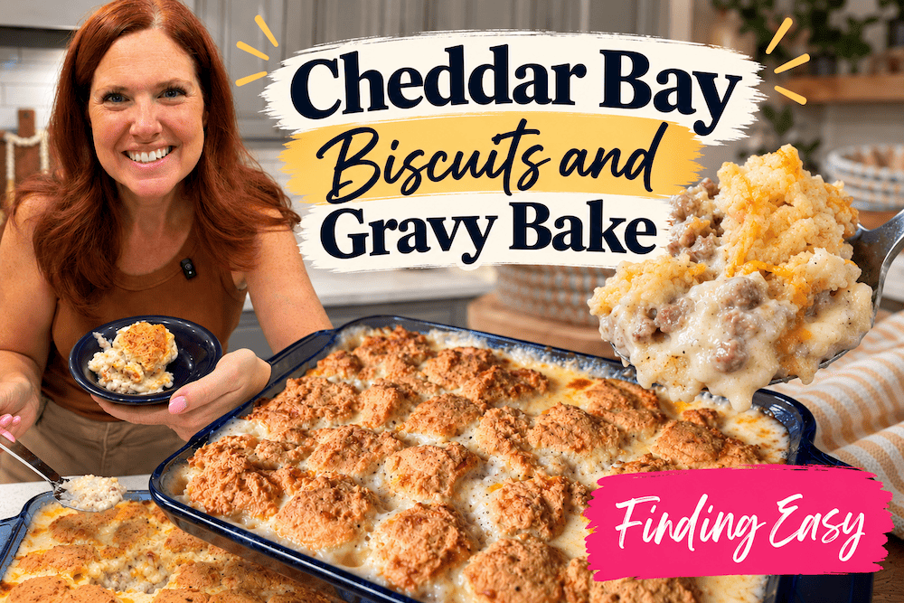 Cheddar Bay Biscuit and Gravy Bake with creamy sausage gravy and golden cheesy biscuits